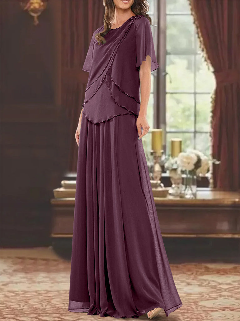 A Line Long Mother of the Bride Dress with Jewel Neck Short Sleeves Pleats & Beading