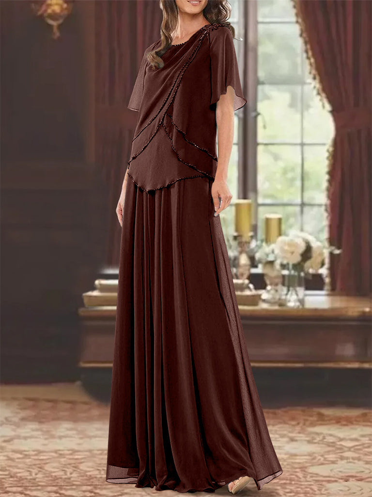 A Line Long Mother of the Bride Dress with Jewel Neck Short Sleeves Pleats & Beading