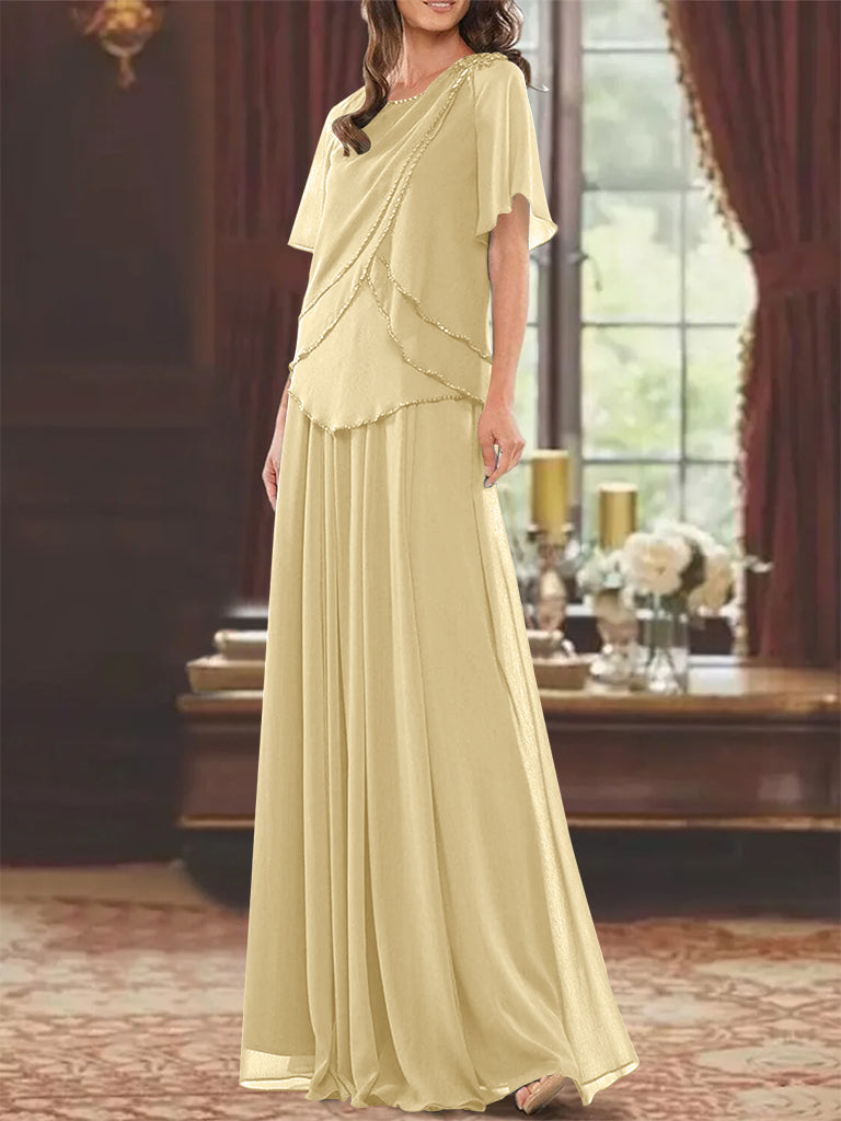 A Line Long Mother of the Bride Dress with Jewel Neck Short Sleeves Pleats & Beading