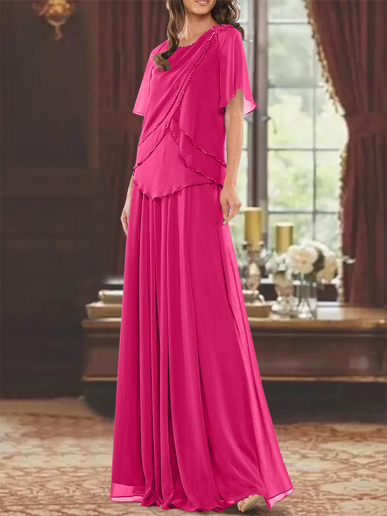 A Line Long Mother of the Bride Dress with Jewel Neck Short Sleeves Pleats & Beading