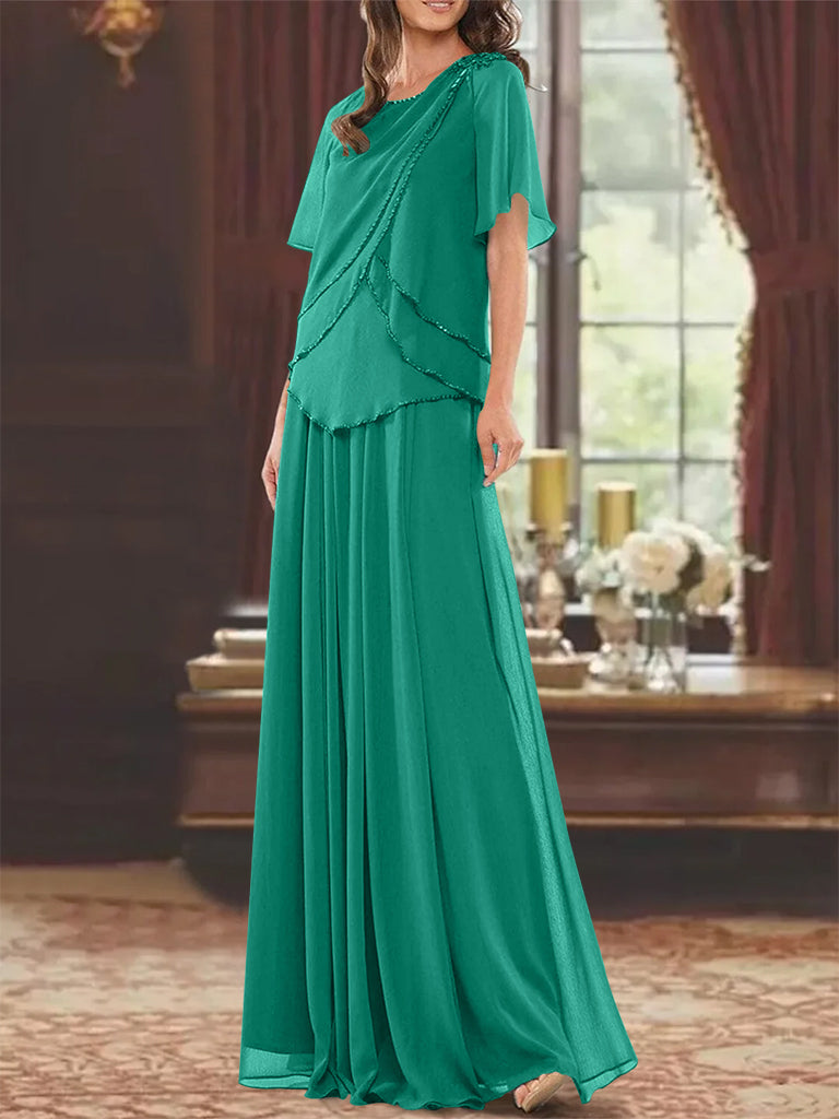 A Line Long Mother of the Bride Dress with Jewel Neck Short Sleeves Pleats & Beading