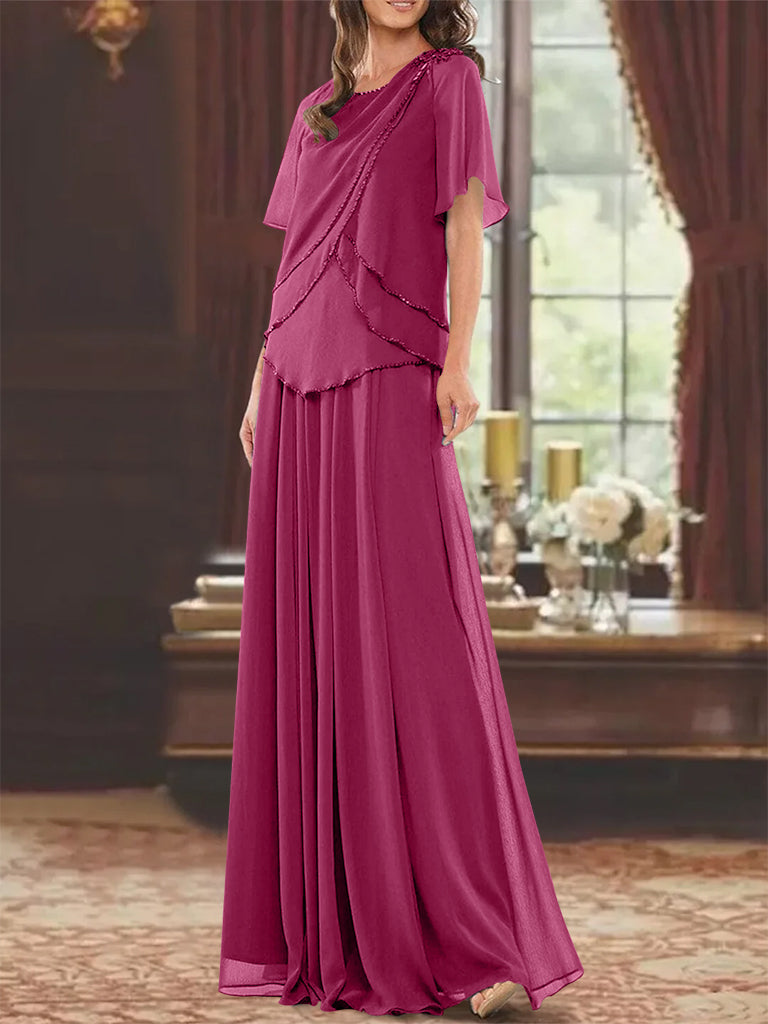 A Line Long Mother of the Bride Dress with Jewel Neck Short Sleeves Pleats & Beading