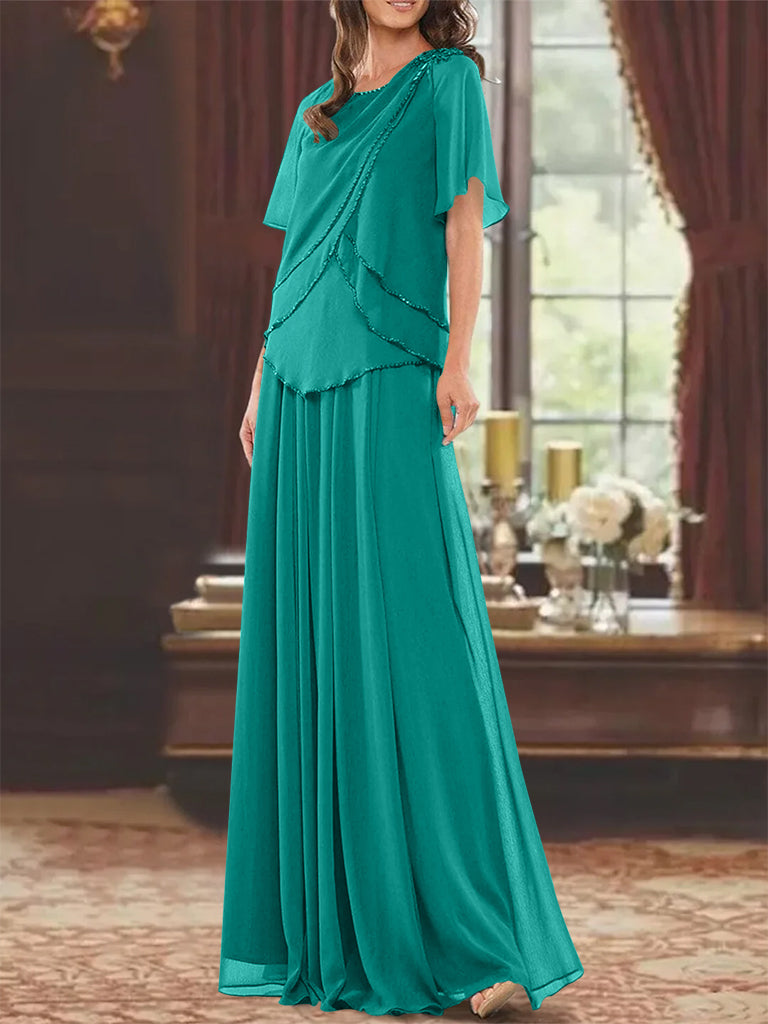 A Line Long Mother of the Bride Dress with Jewel Neck Short Sleeves Pleats & Beading