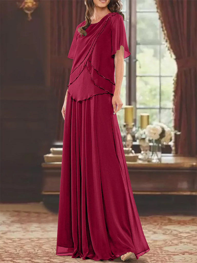 A Line Long Mother of the Bride Dress with Jewel Neck Short Sleeves Pleats & Beading