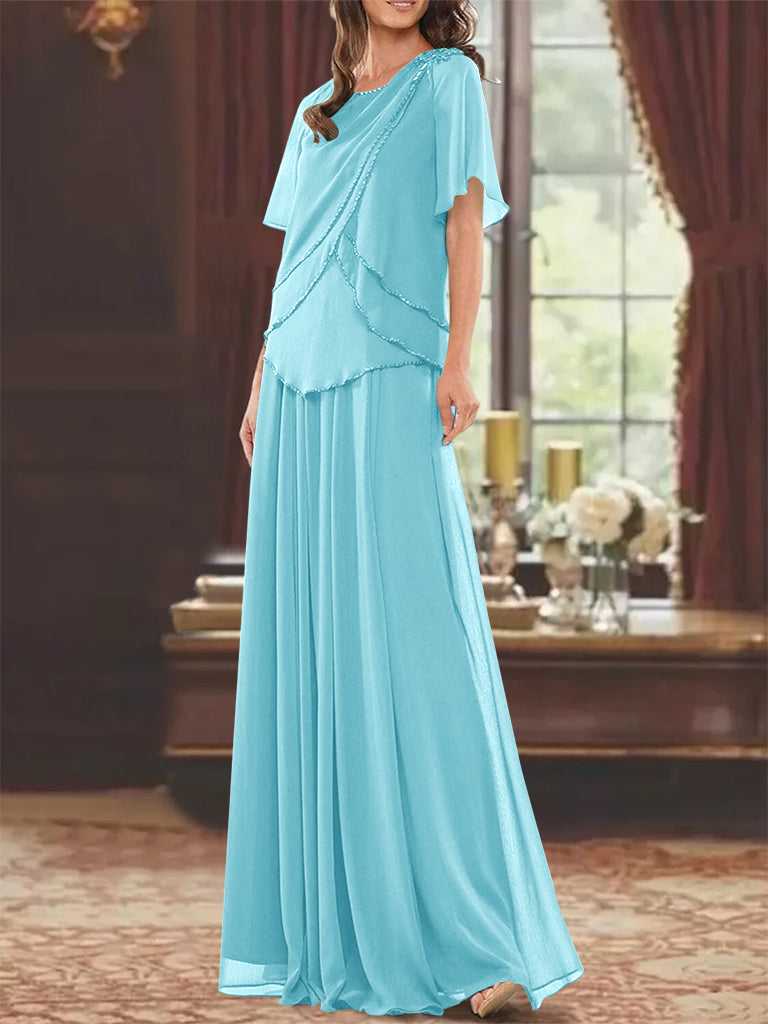A Line Long Mother of the Bride Dress with Jewel Neck Short Sleeves Pleats & Beading