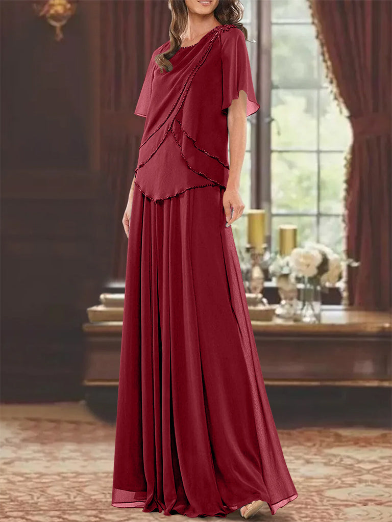 A Line Long Mother of the Bride Dress with Jewel Neck Short Sleeves Pleats & Beading