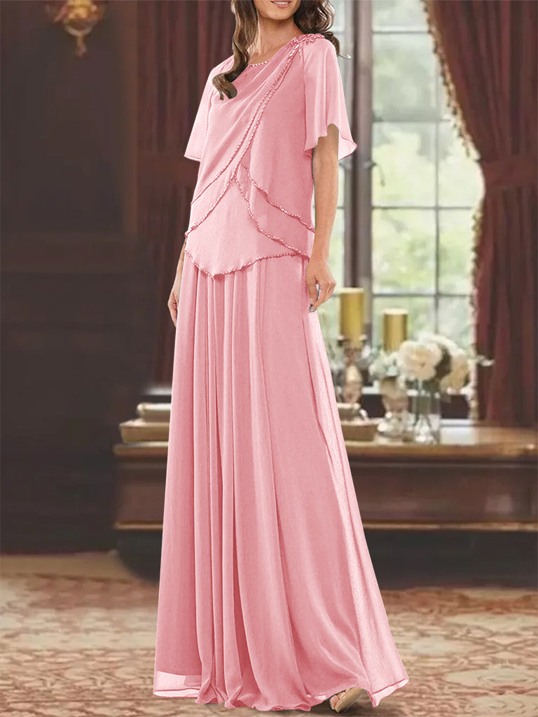 A Line Long Mother of the Bride Dress with Jewel Neck Short Sleeves Pleats & Beading