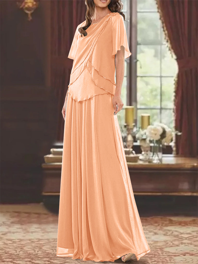 A Line Long Mother of the Bride Dress with Jewel Neck Short Sleeves Pleats & Beading