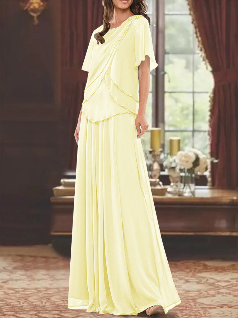 A Line Long Mother of the Bride Dress with Jewel Neck Short Sleeves Pleats & Beading
