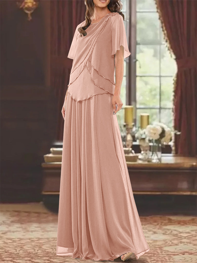 A Line Long Mother of the Bride Dress with Jewel Neck Short Sleeves Pleats & Beading