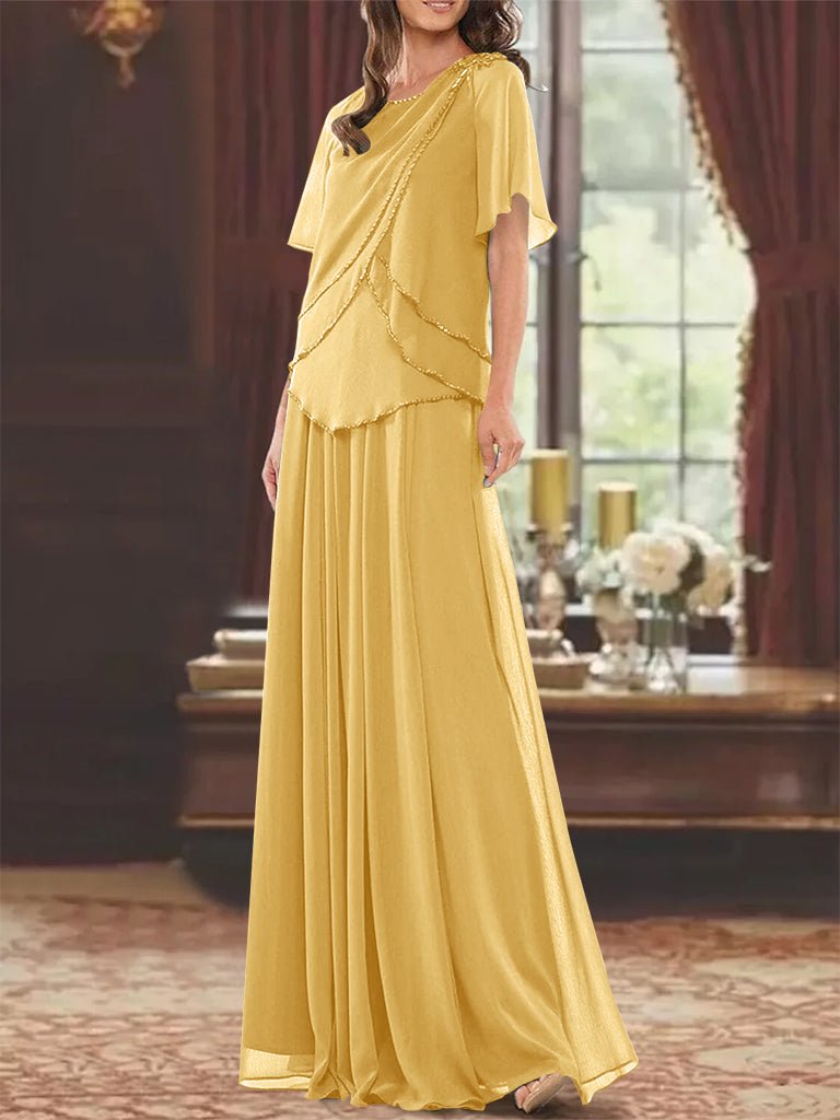 A Line Long Mother of the Bride Dress with Jewel Neck Short Sleeves Pleats & Beading