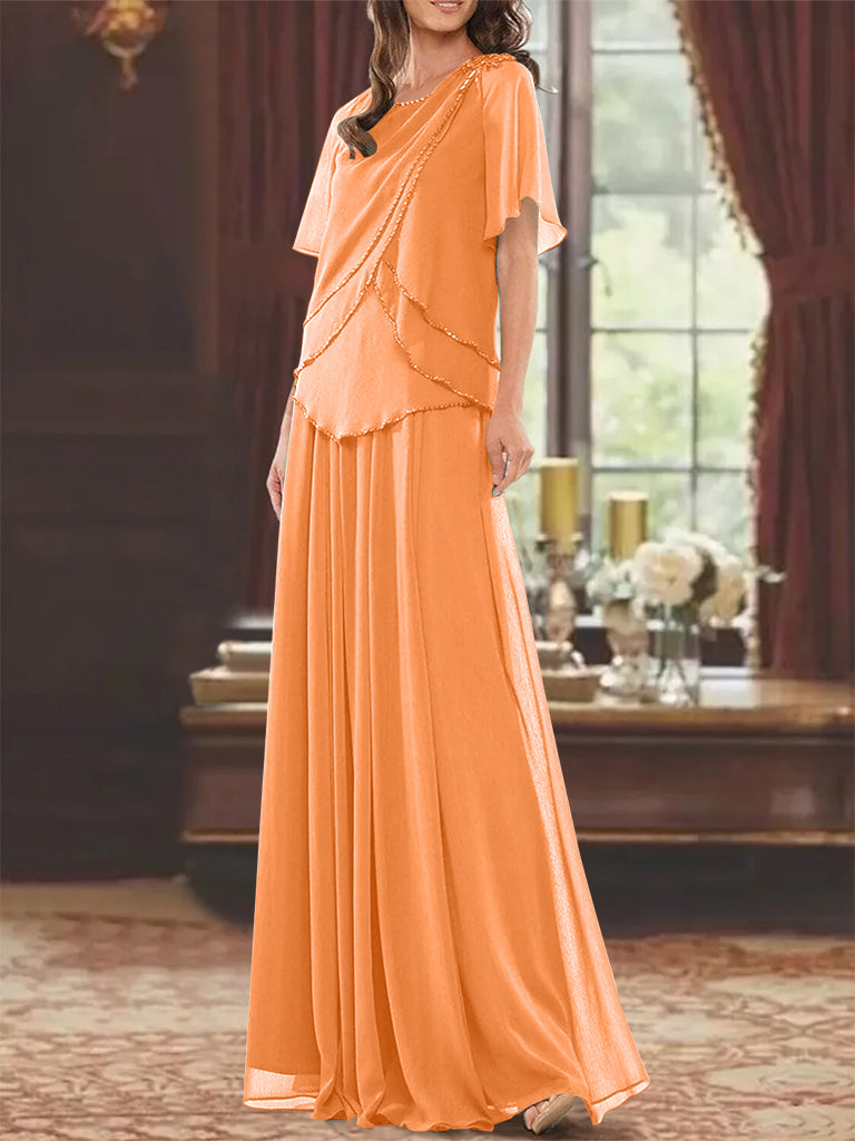 A Line Long Mother of the Bride Dress with Jewel Neck Short Sleeves Pleats & Beading