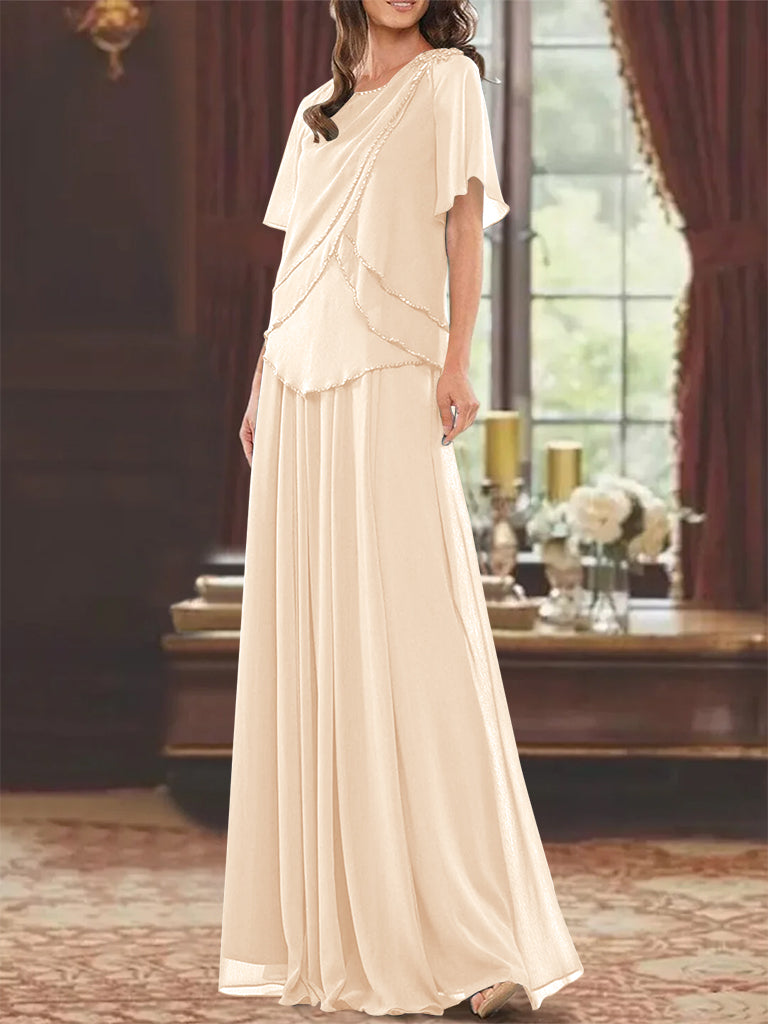 A Line Long Mother of the Bride Dress with Jewel Neck Short Sleeves Pleats & Beading