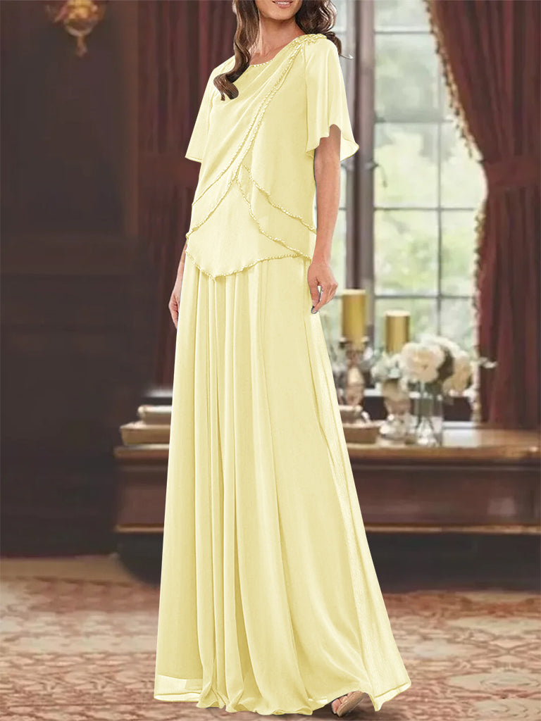 A Line Long Mother of the Bride Dress with Jewel Neck Short Sleeves Pleats & Beading