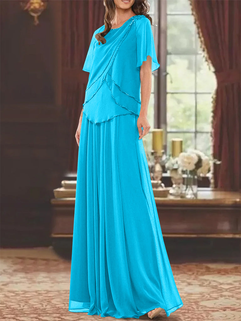 A Line Long Mother of the Bride Dress with Jewel Neck Short Sleeves Pleats & Beading