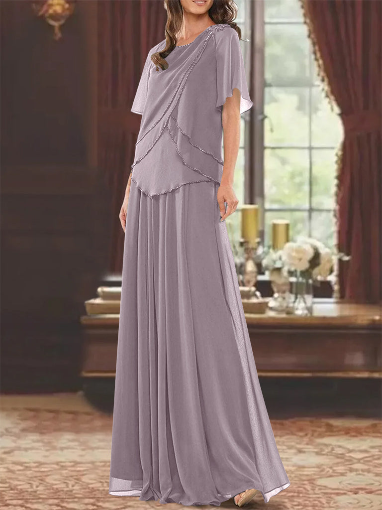 A Line Long Mother of the Bride Dress with Jewel Neck Short Sleeves Pleats & Beading