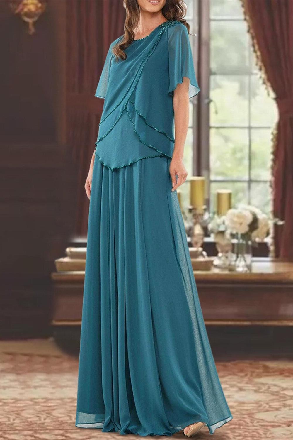 A Line Long Mother of the Bride Dress with Jewel Neck Short Sleeves Pleats & Beading
