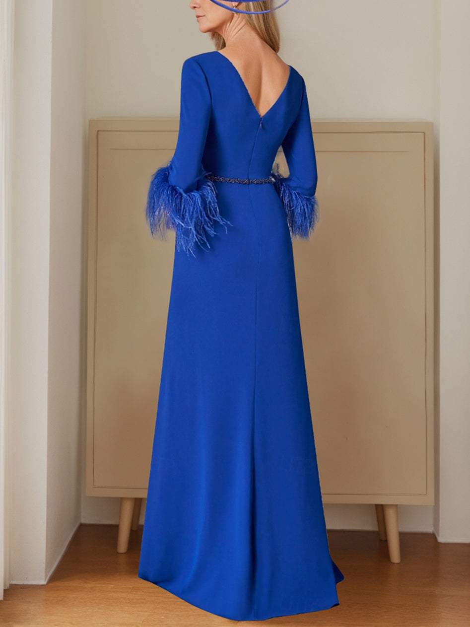 A Line Long Mother of the Bride Dress with Plunging Neckline and 3/4 Sleeves