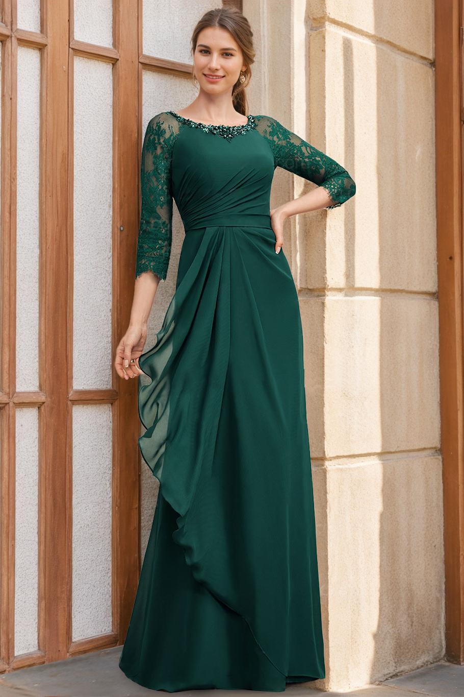 A Line Long Mother of the Bride Dress with Scoop Neck 3/4 Sleeves Sequins Ruffles & Appliques