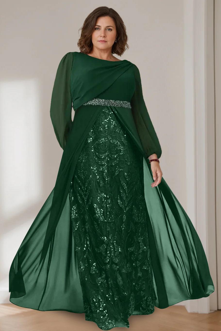 A Line Long Plus Size Mother of the Bride Gown with Scoop Neck and Long Sequined Sleeves