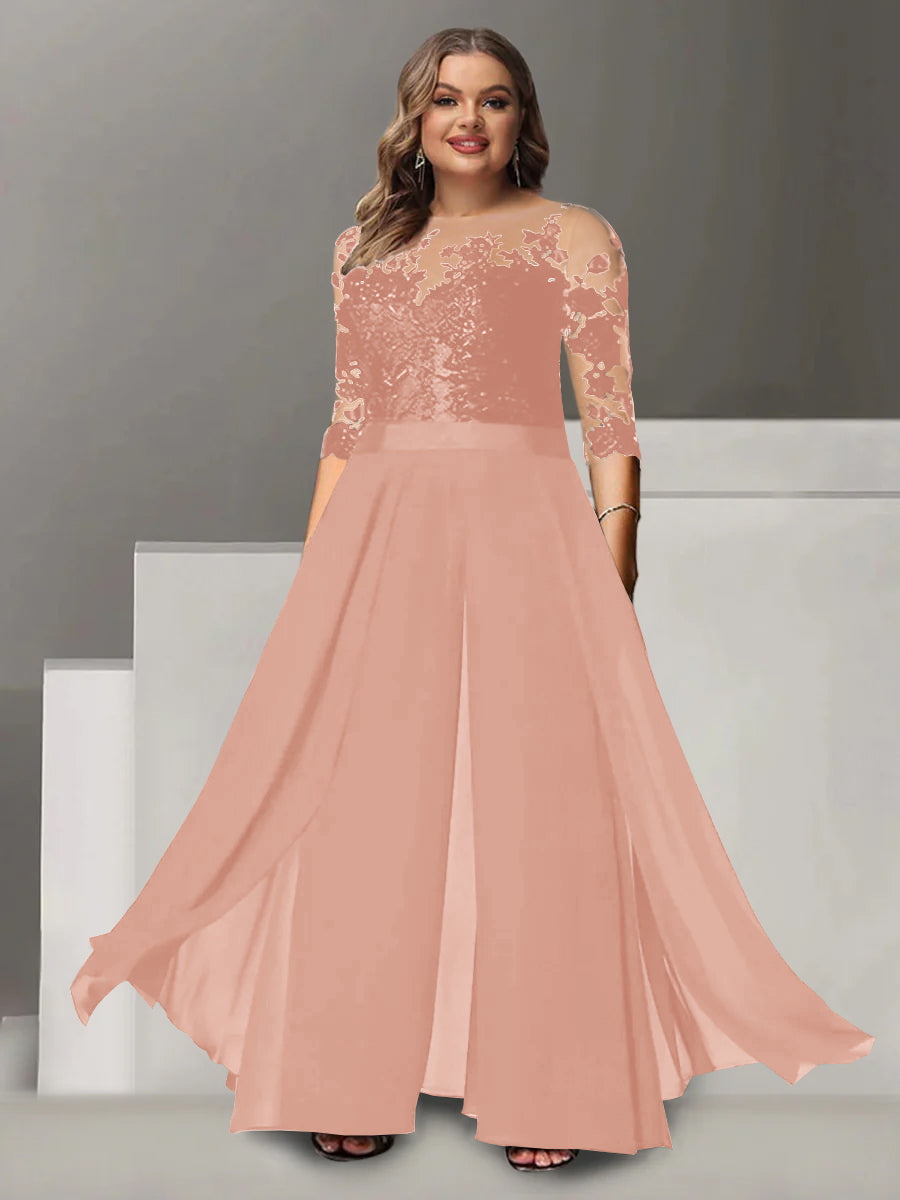 A Line Long Plus Size Mother of the Bride Pantsuit with Applique and 3/4 Sleeves Jewel Neck