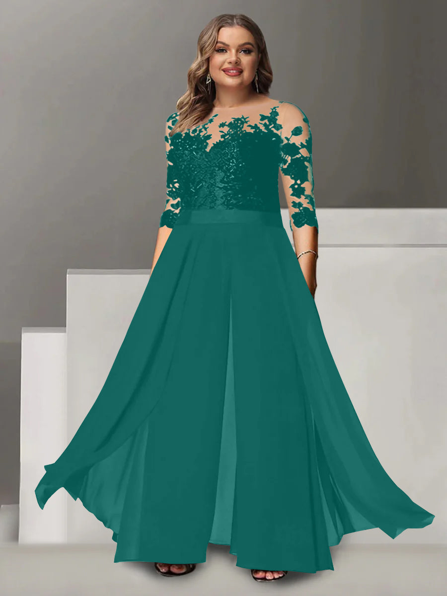 A Line Long Plus Size Mother of the Bride Pantsuit with Applique and 3/4 Sleeves Jewel Neck