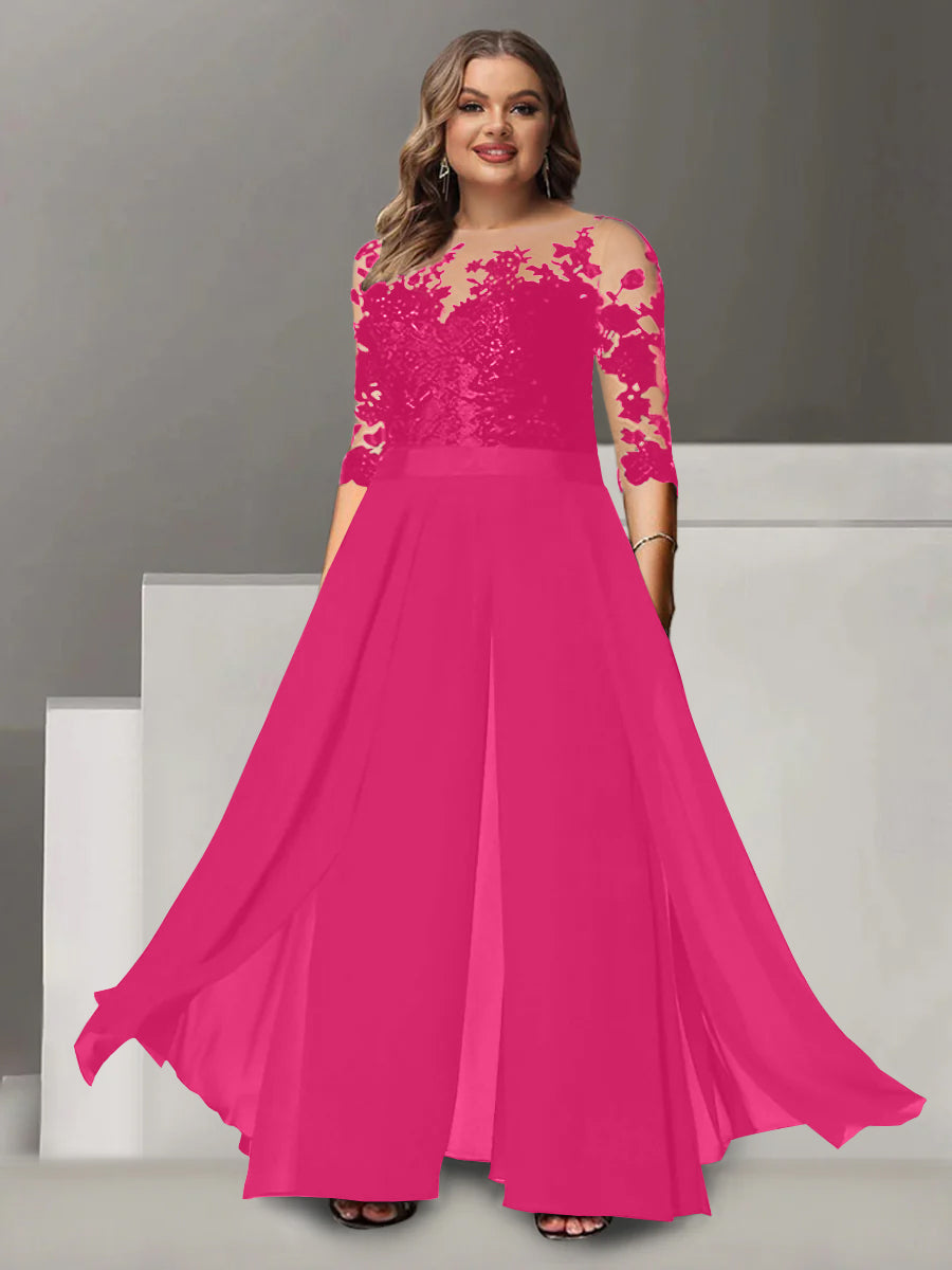 A Line Long Plus Size Mother of the Bride Pantsuit with Applique and 3/4 Sleeves Jewel Neck