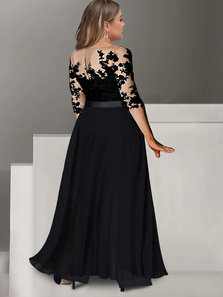 A Line Long Plus Size Mother of the Bride Pantsuit with Applique and 3/4 Sleeves Jewel Neck