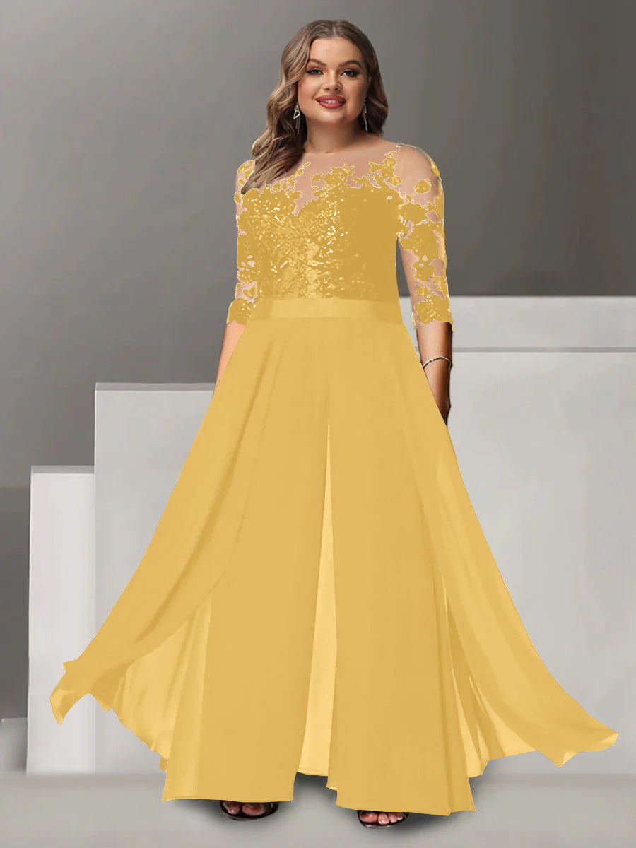 A Line Long Plus Size Mother of the Bride Pantsuit with Applique and 3/4 Sleeves Jewel Neck