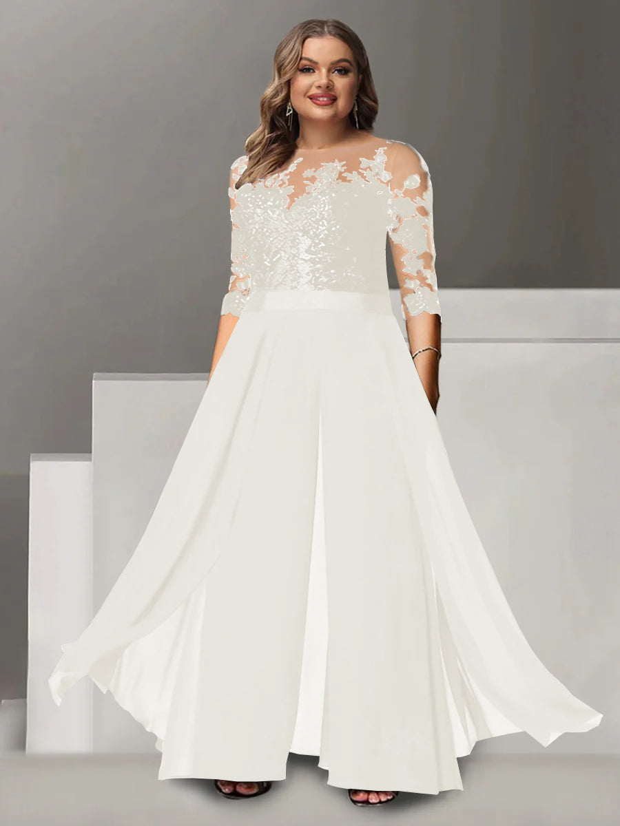 A Line Long Plus Size Mother of the Bride Pantsuit with Applique and 3/4 Sleeves Jewel Neck