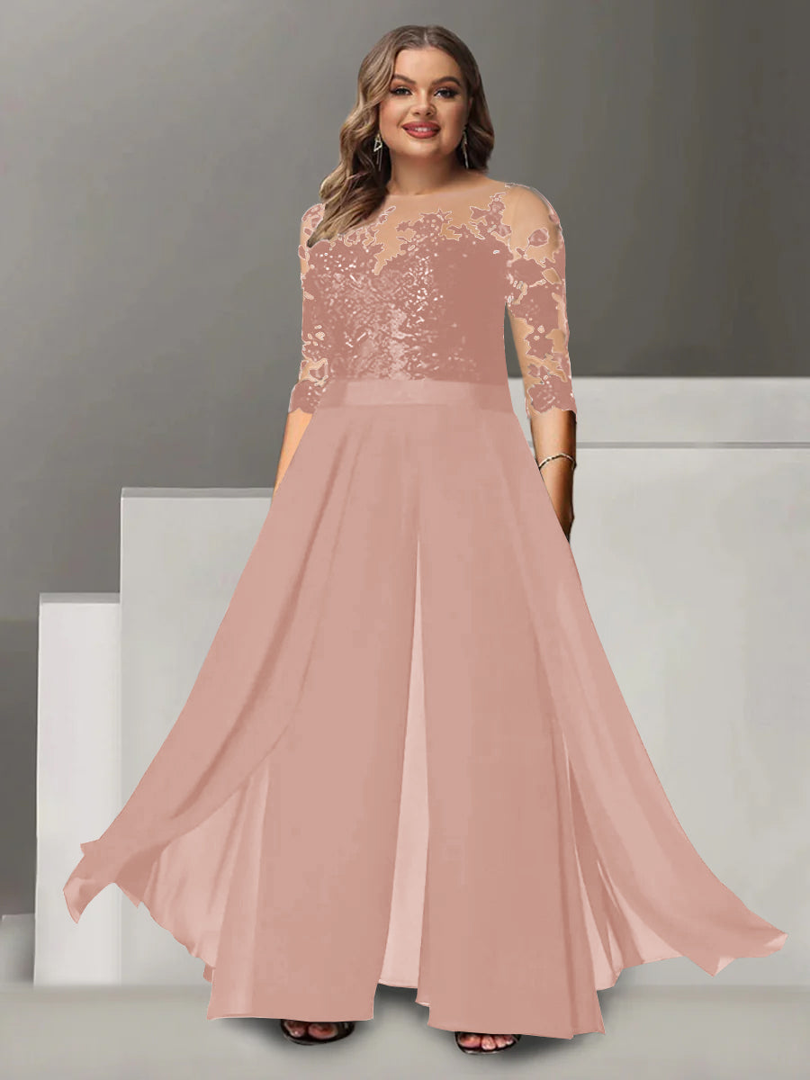 A Line Long Plus Size Mother of the Bride Pantsuit with Applique and 3/4 Sleeves Jewel Neck