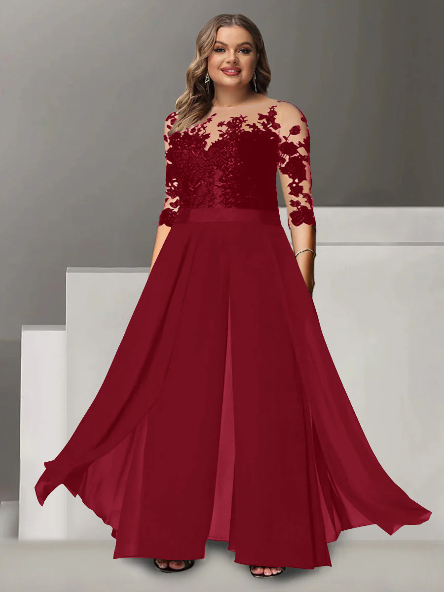A Line Long Plus Size Mother of the Bride Pantsuit with Applique and 3/4 Sleeves Jewel Neck