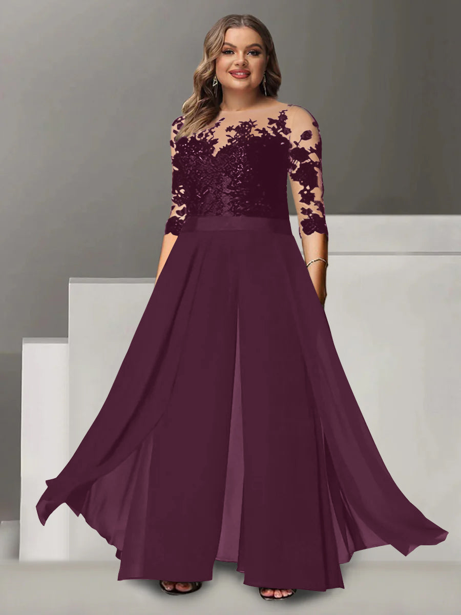 A Line Long Plus Size Mother of the Bride Pantsuit with Applique and 3/4 Sleeves Jewel Neck