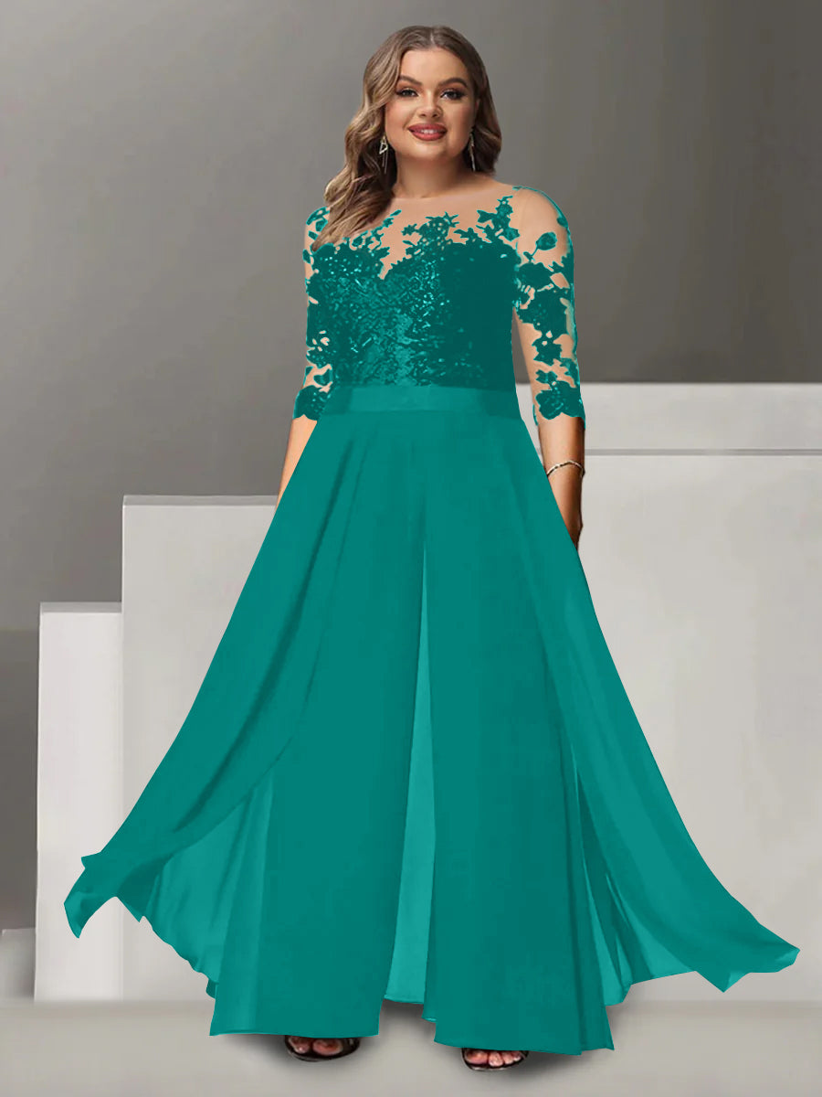 A Line Long Plus Size Mother of the Bride Pantsuit with Applique and 3/4 Sleeves Jewel Neck