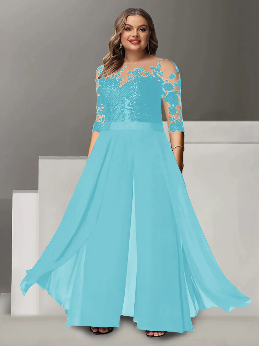 A Line Long Plus Size Mother of the Bride Pantsuit with Applique and 3/4 Sleeves Jewel Neck