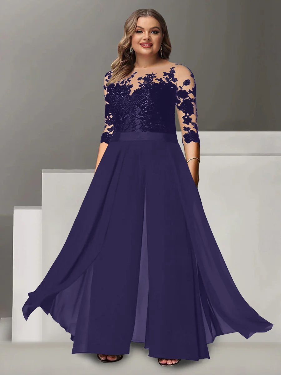 A Line Long Plus Size Mother of the Bride Pantsuit with Applique and 3/4 Sleeves Jewel Neck