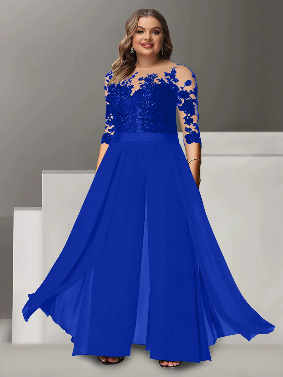 A Line Long Plus Size Mother of the Bride Pantsuit with Applique and 3/4 Sleeves Jewel Neck