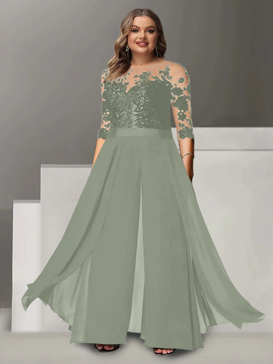 A Line Long Plus Size Mother of the Bride Pantsuit with Applique and 3/4 Sleeves Jewel Neck