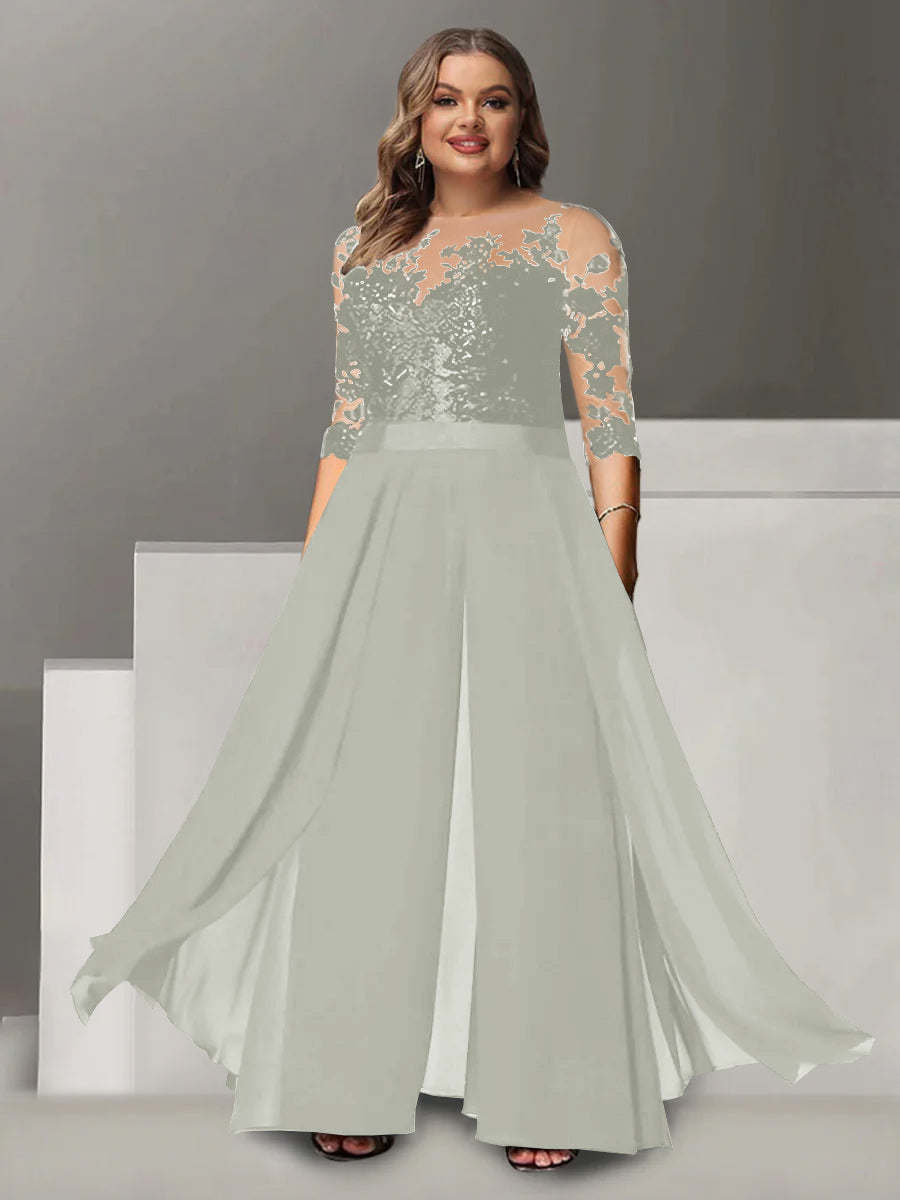 A Line Long Plus Size Mother of the Bride Pantsuit with Applique and 3/4 Sleeves Jewel Neck