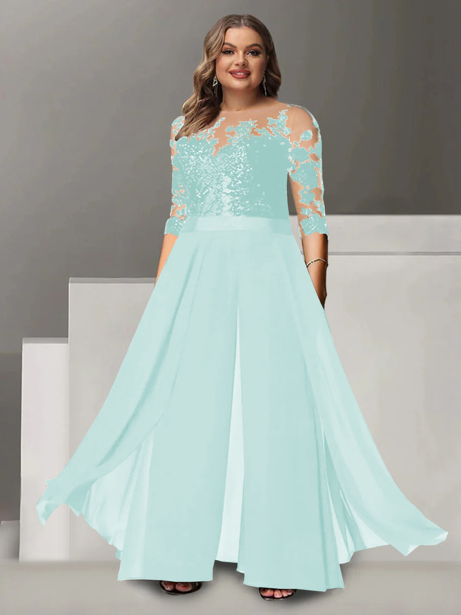 A Line Long Plus Size Mother of the Bride Pantsuit with Applique and 3/4 Sleeves Jewel Neck