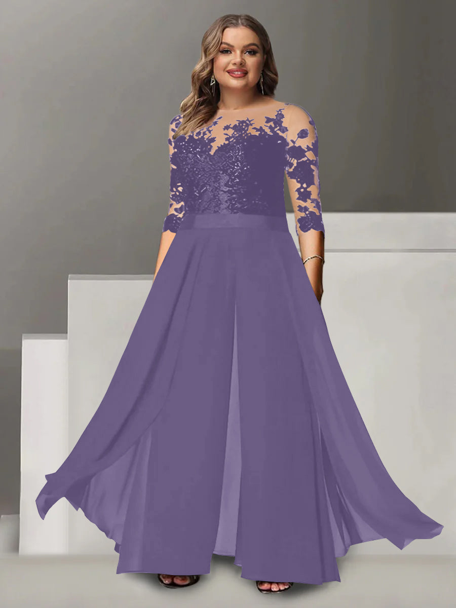 A Line Long Plus Size Mother of the Bride Pantsuit with Applique and 3/4 Sleeves Jewel Neck