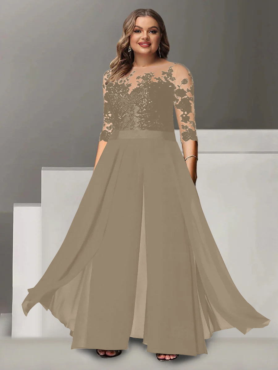 A Line Long Plus Size Mother of the Bride Pantsuit with Applique and 3/4 Sleeves Jewel Neck