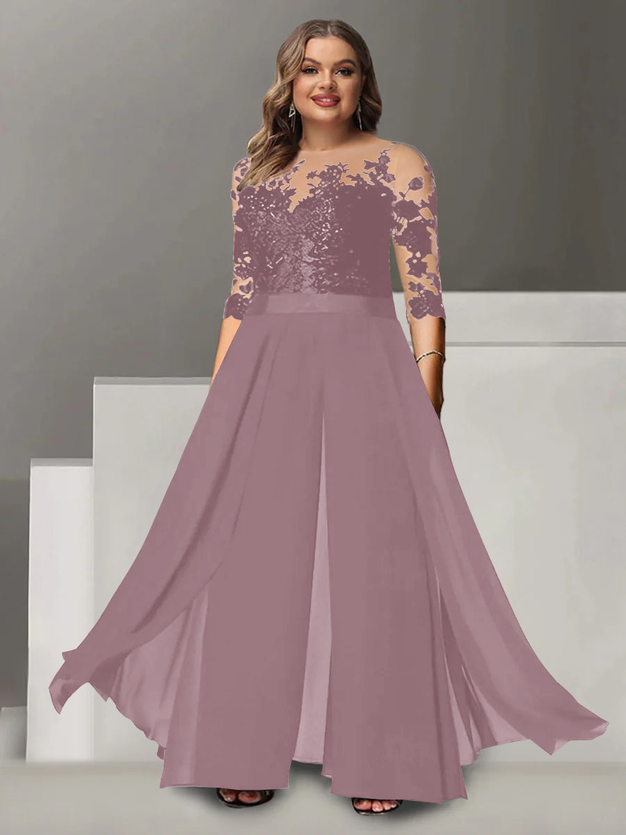 A Line Long Plus Size Mother of the Bride Pantsuit with Applique and 3/4 Sleeves Jewel Neck