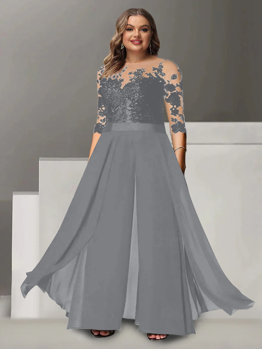 A Line Long Plus Size Mother of the Bride Pantsuit with Applique and 3/4 Sleeves Jewel Neck