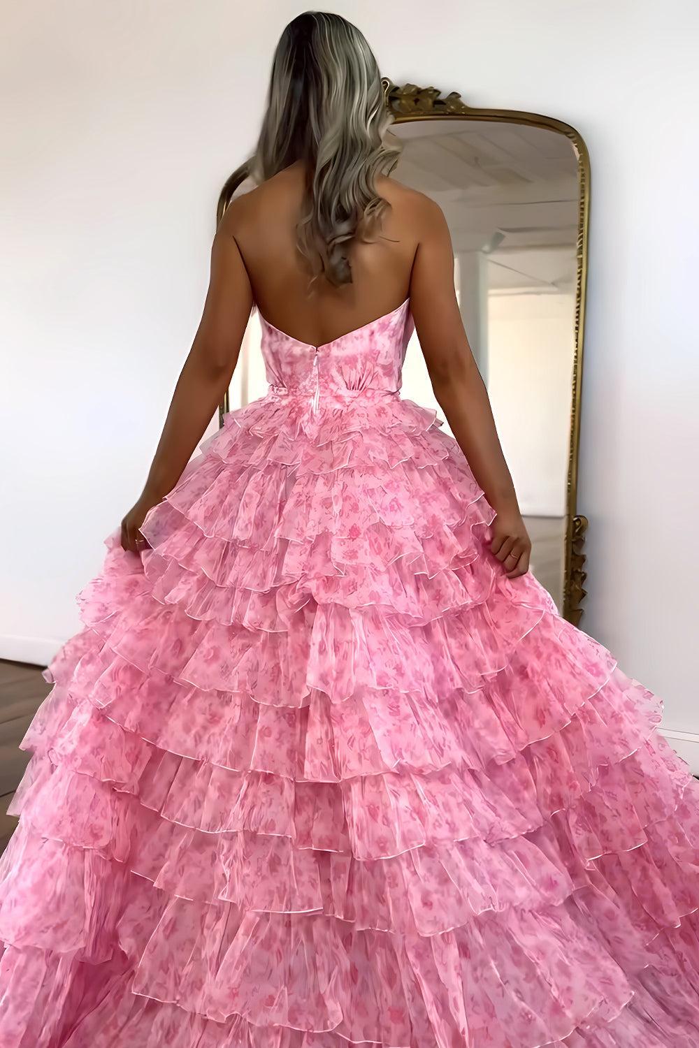 Suzhoufashion Princess A Line Halter Neck Pink Printed Tulle Long Prom Dress With Ruffles Formal Evening Gown
