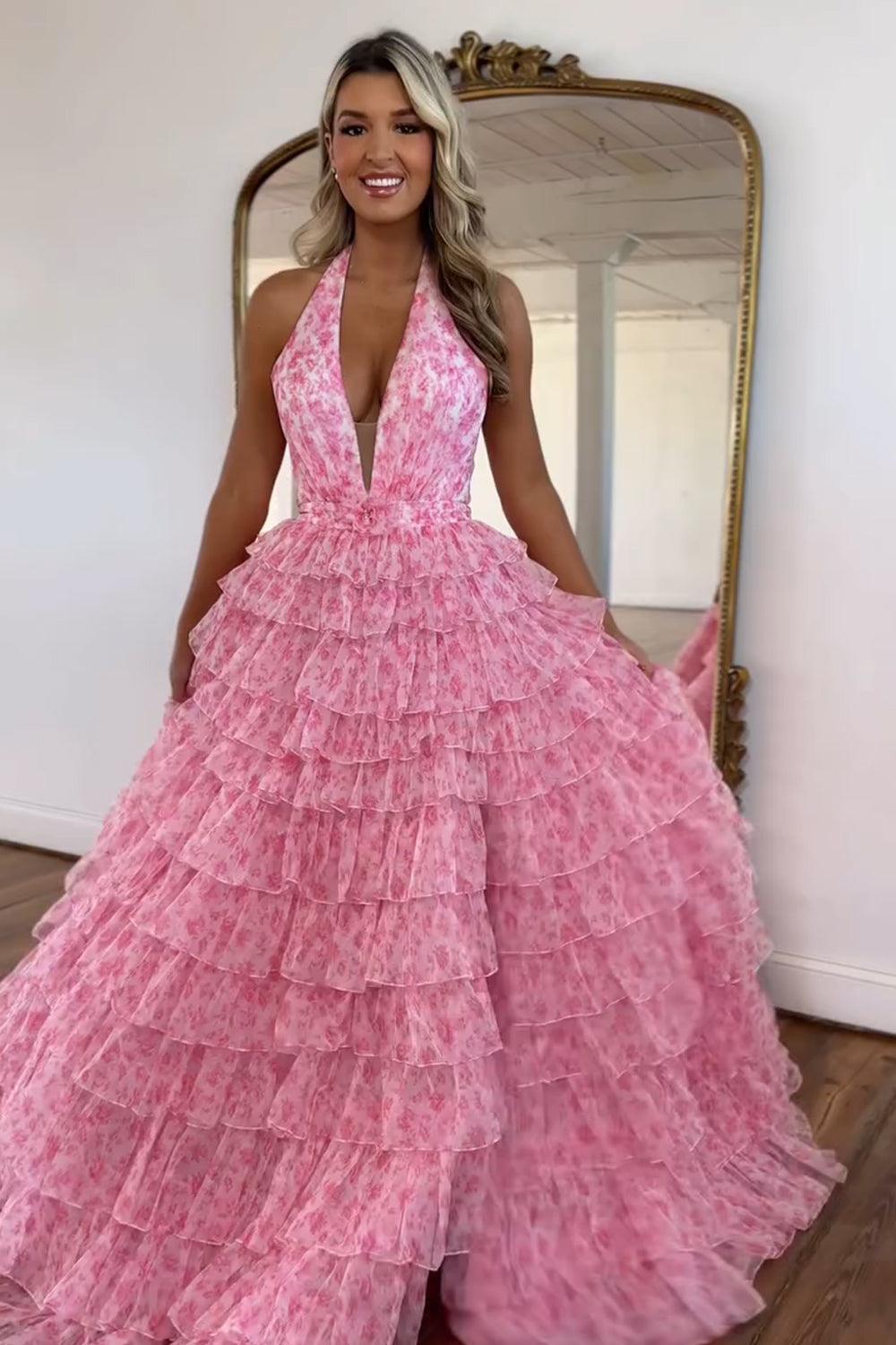 Suzhoufashion Princess A Line Halter Neck Pink Printed Tulle Long Prom Dress With Ruffles Formal Evening Gown