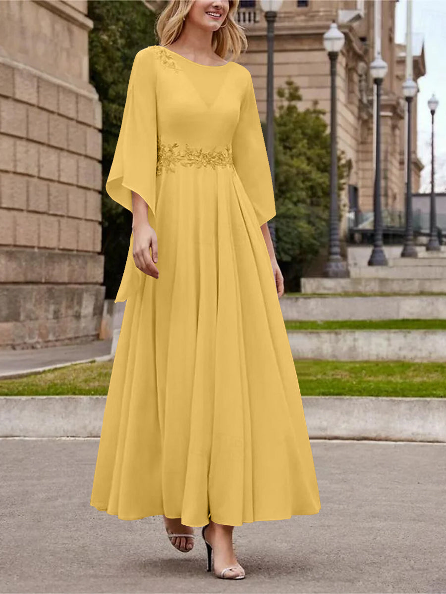 A Line Jewel Neck 3/4 Sleeve Sequined Ankle Length Mother of the Bride Gown