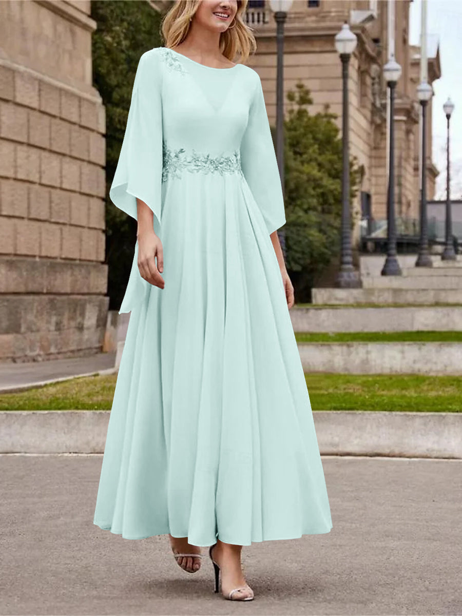 A Line Jewel Neck 3/4 Sleeve Sequined Ankle Length Mother of the Bride Gown