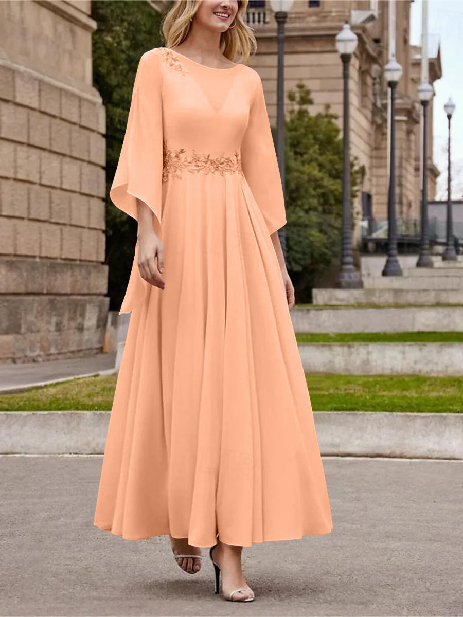 A Line Jewel Neck 3/4 Sleeve Sequined Ankle Length Mother of the Bride Gown