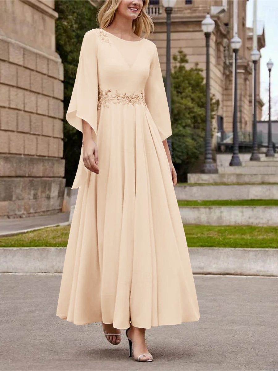 A Line Jewel Neck 3/4 Sleeve Sequined Ankle Length Mother of the Bride Gown